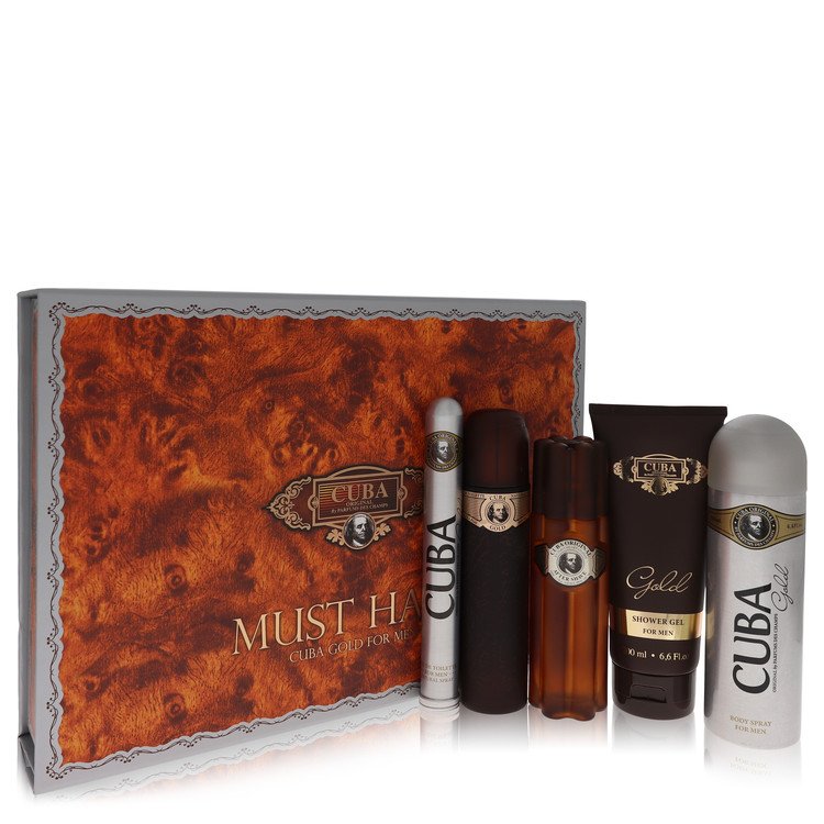 Cuba Gold by Fragluxe Gift Set -- 3.3 oz Eau De Toilette Spray + 3.3 oz After Shave Spray + 6.7 oz Body Deodorant Spray + 6.7 oz Shower Gel + 1.17 oz EDT Spray for Men