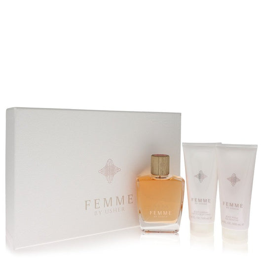 Usher Femme by Usher Gift Set -- 3.4 oz Eau De Parfum Spray + 3.4 oz Body Lotion + 3.4 oz Shower Gel for Women